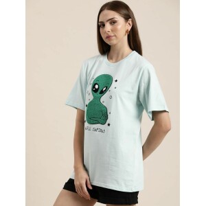 Cotton Blue Graphic Oversized T-Shirt for Women